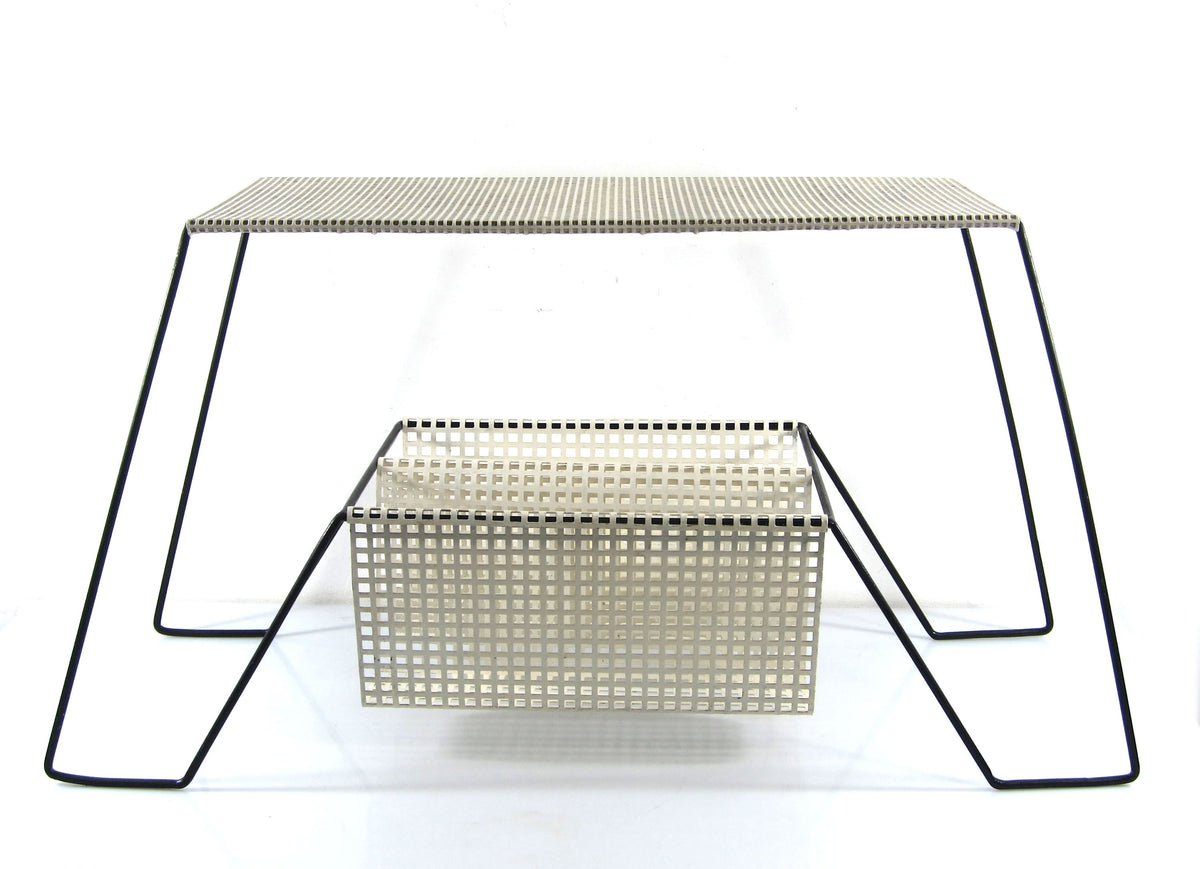 Sofabord med magasinholder i sort og hvid, Mathieu Mategot-stil