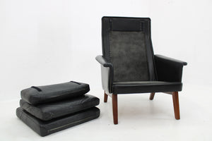 Danish teak high-back leather chair in black