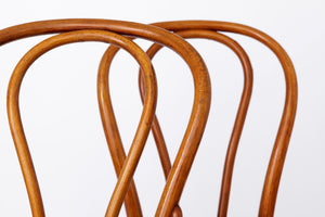 Nærbillede af benene på en Thonet-stol fra 1950'erne. Let buede træben med naturlig patina, der understreger stolens vintage-charme.