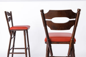 2 barstole i bøg med rødt læder, Tyskland, 1980’erne