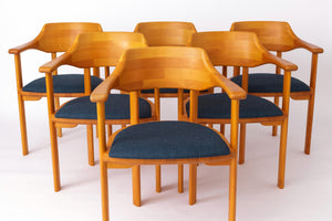 Armstole i bøg med blå polstring, produceret af Ansager Møbler – Sæt af 6