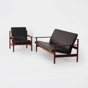 Sven Ivar Dysthe – Sofa og lænestol i palisander og sort læder, 1960’erne