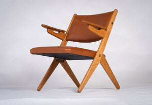 Arne Hovmand-Olsen – Sæt arkitektoniske armstole i eg og læder, dansk design