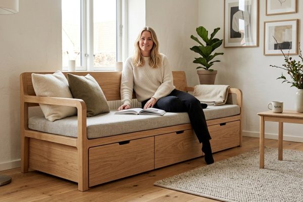 Byg en elegant sofabænk i skandinavisk stil med integreret opbevaring