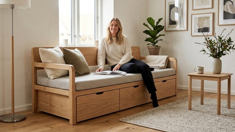 Byg en elegant sofabænk i skandinavisk stil med integreret opbevaring