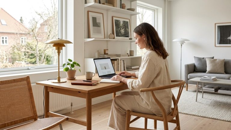 Skab en rolig arbejdszone i stuen med ikoniske danske møbler